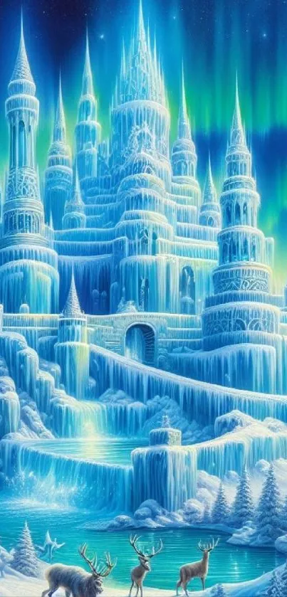 Ice castle with aurora and deer in a fantasy landscape.