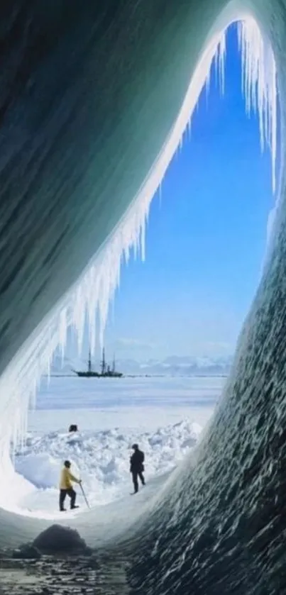 Ice cave with explorers venturing outside into a snowy landscape.