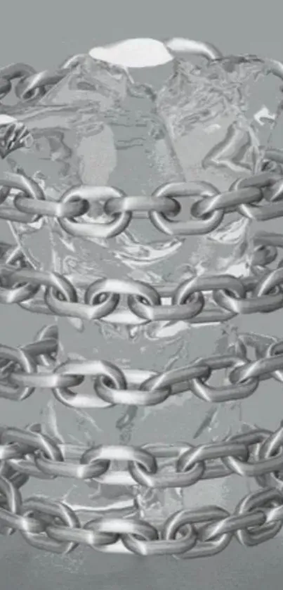 Chains wrapped around an icy structure with cool gray tones.