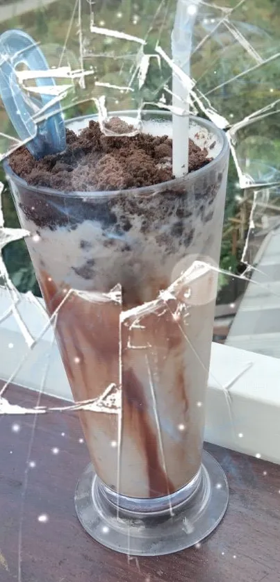 Tall chocolate milkshake with broken glass effect