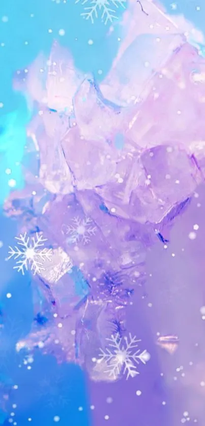 Crystal wallpaper with icy blue and purple hues, snowflakes, and a wintry feel.