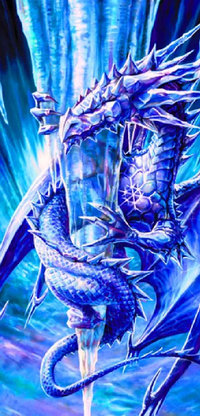 Icy dragon artwork with a mystical blue theme, perfect for mobile wallpaper.