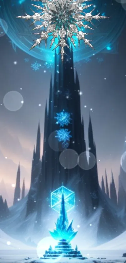 Fantasy icy mountain with blue glow and snowflakes on mobile wallpaper.