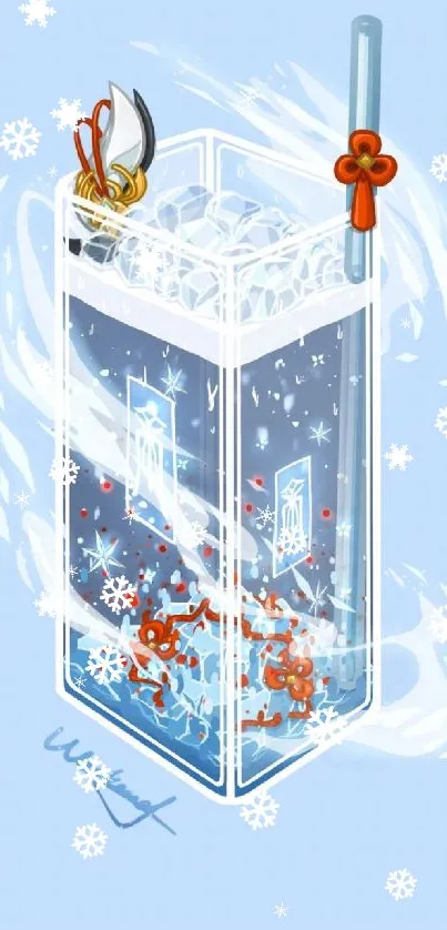 Icy fantasy phone wallpaper with magical snow scene.