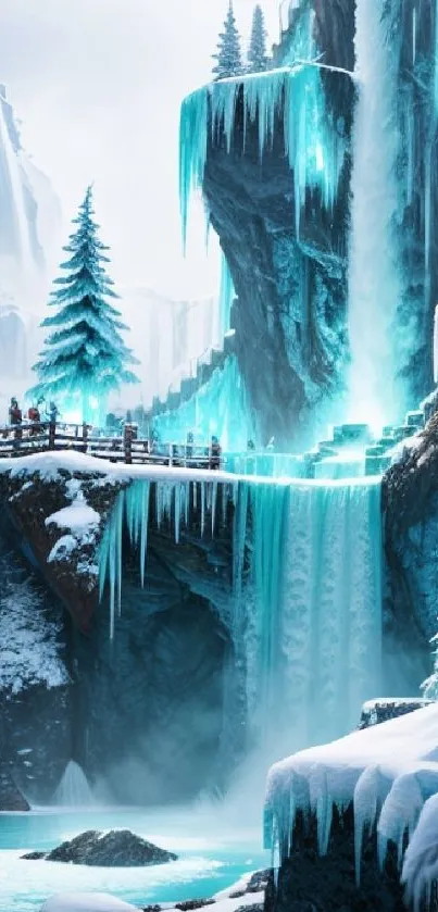 Fantasy icy waterfall wallpaper with turquoise hues.