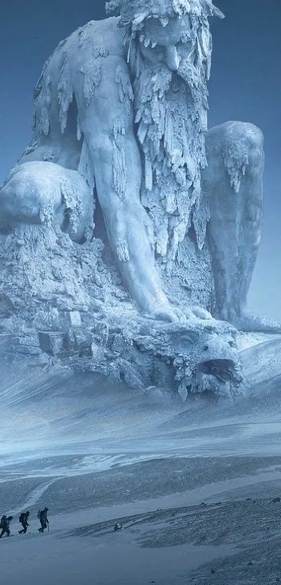 Icy landscape with giant frozen statue towering over a snowy terrain.