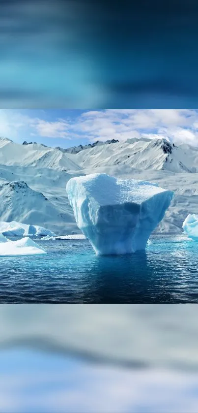 Icy glacier with icebergs and snow-capped mountains in a serene mobile wallpaper.