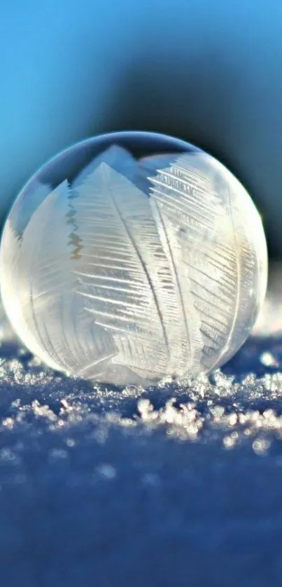 Icy globe resting on a snowy backdrop with clear blue sky.