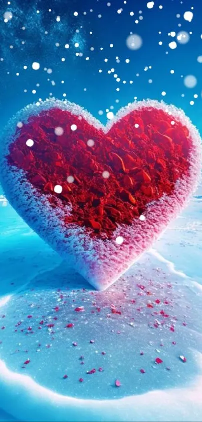 Red heart in ice landscape wallpaper.