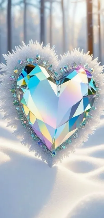 Crystal heart amidst a snowy forest scene on a mobile wallpaper.