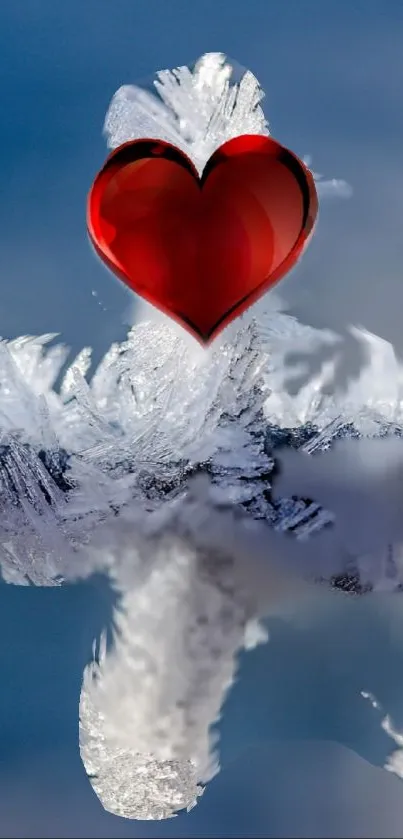 Vibrant red heart in icy frost design wallpaper.