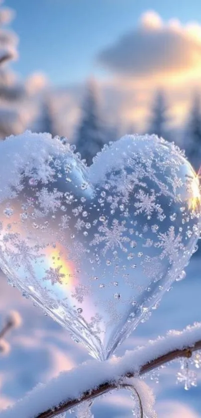 Heart-shaped ice with snowflakes on a winter morning branch.