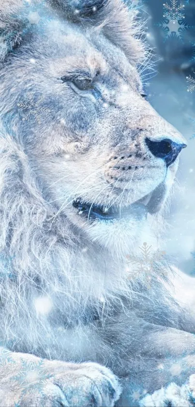 Majestic lion in icy blue winter landscape.