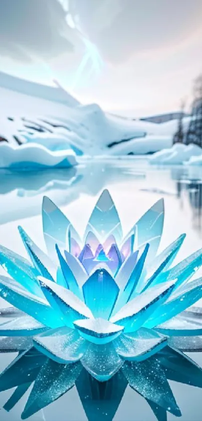 Luminous icy lotus on a reflective glacier landscape.