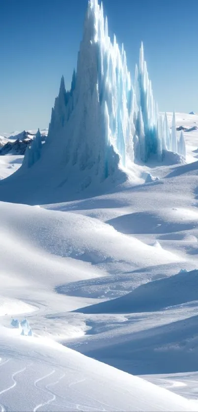 Majestic icy mountain and snowy landscape under a clear blue sky.