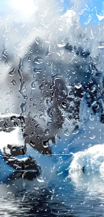 Icy mountain waterfall scene with raindrops on glass.