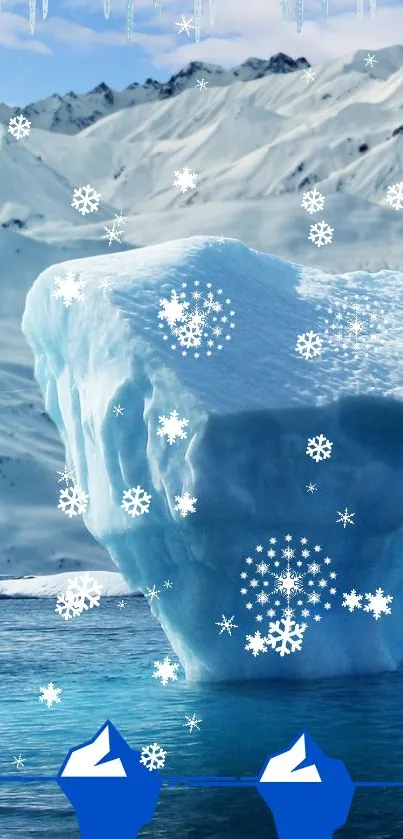 Icy blue glacier with falling snowflakes and snowy mountains.