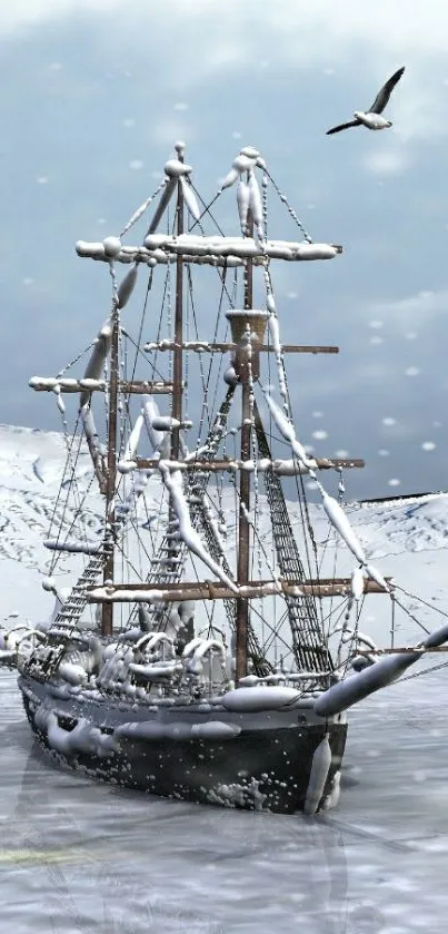 Majestic ship sailing through icy waters.