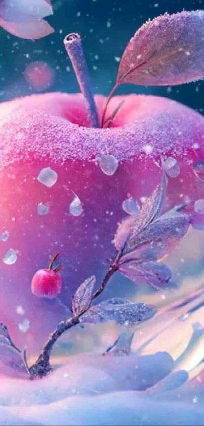 Icy pink apple with magical frosty design for mobile wallpaper.