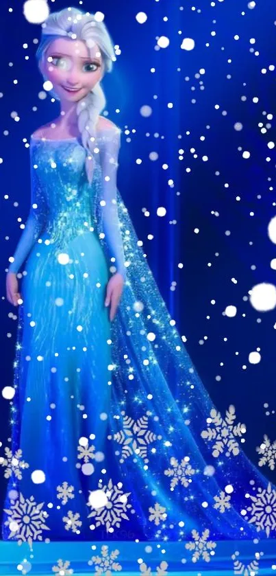 Icy princess with snowflakes background, in blue dress, perfect winter theme.