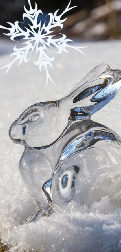 Ice rabbit sculpture with snowflake on snowy background.