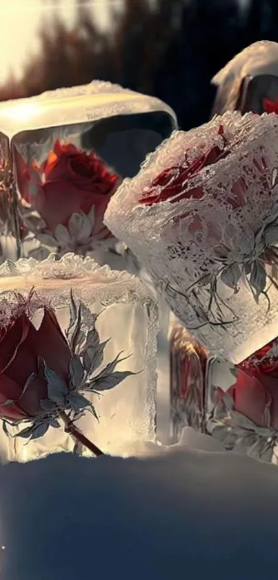 Red roses frozen in ice blocks with snowy background art.