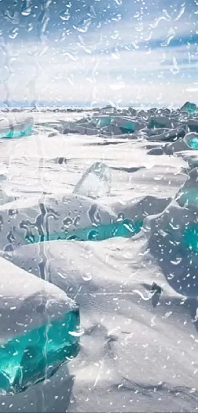 Turquoise ice and snowy landscape under a clear winter sky.