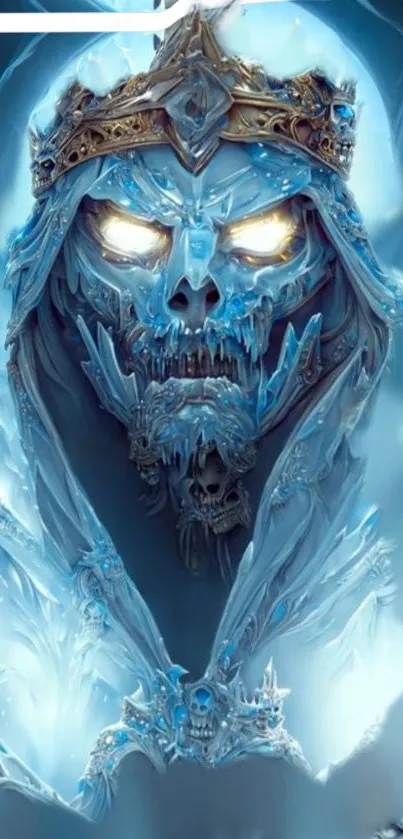 Icy skull king with glowing eyes in hooded blue cloak.