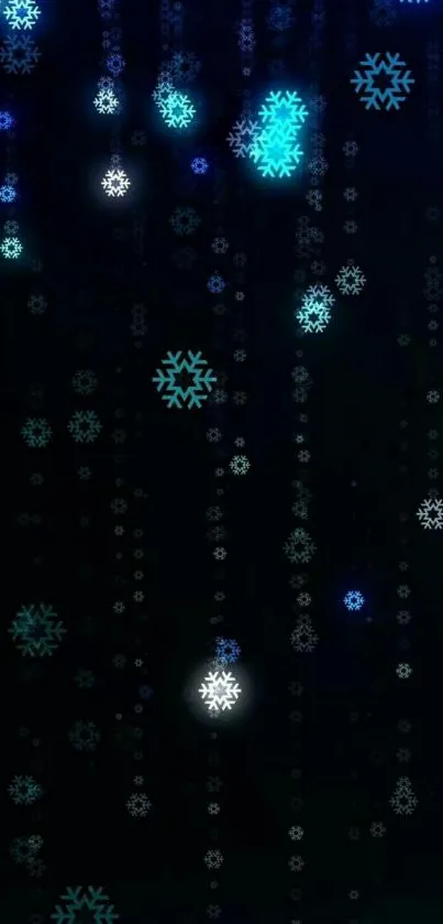 Dark background with falling icy blue snowflakes.