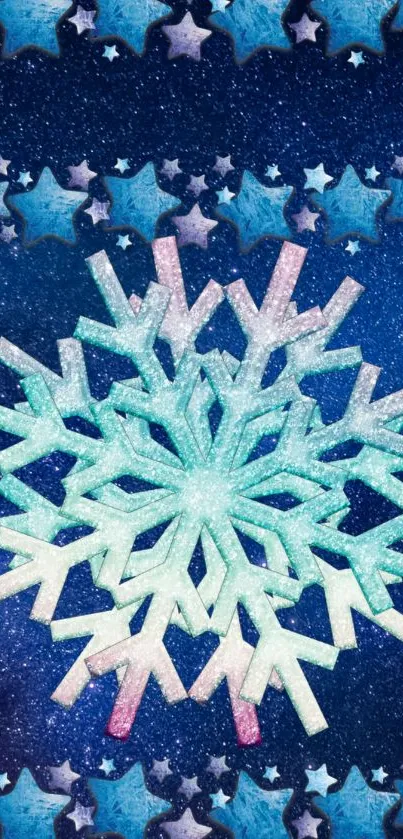 Icy snowflake with starry night background in blue tones.