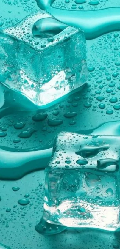 Teal wallpaper with ice cubes and water droplets.