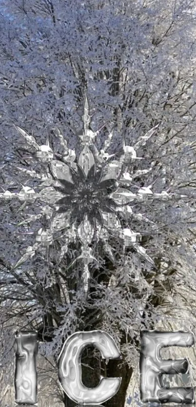 Icy tree with crystal snowflake design on mobile wallpaper.