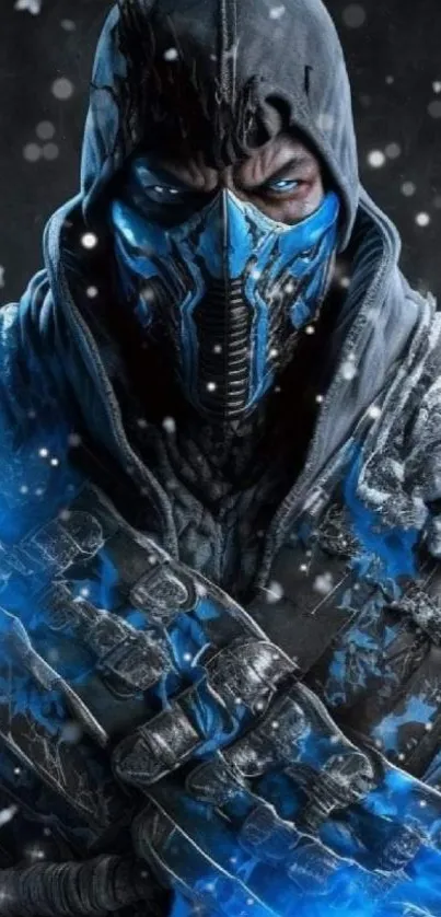 Icy warrior in mask with a blue theme on mobile wallpaper.