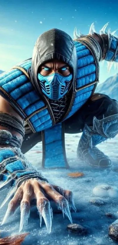 Icy warrior crouching with frost-covered armor and mask.