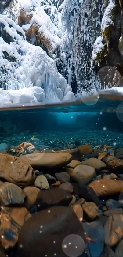 Icy waterfall cascading into a rocky stream with winter scenery.