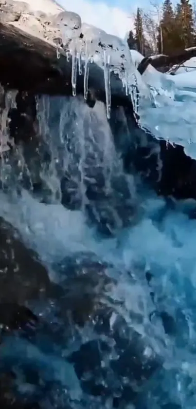 Frozen waterfall cascading over icy rocks and snow.