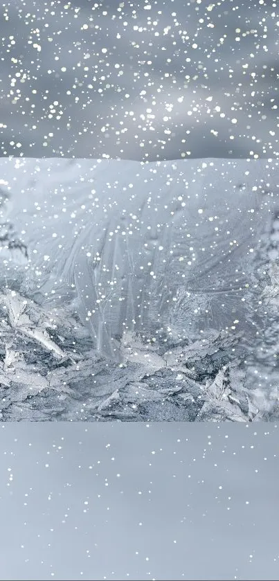 A serene winter scene with ice and falling snowflakes.