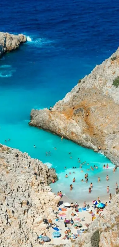 A serene beach cove with turquoise waters and rocky cliffs.