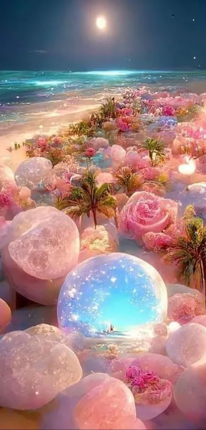 A dreamy, colorful beachscape with flowers and bubbles under a night sky.