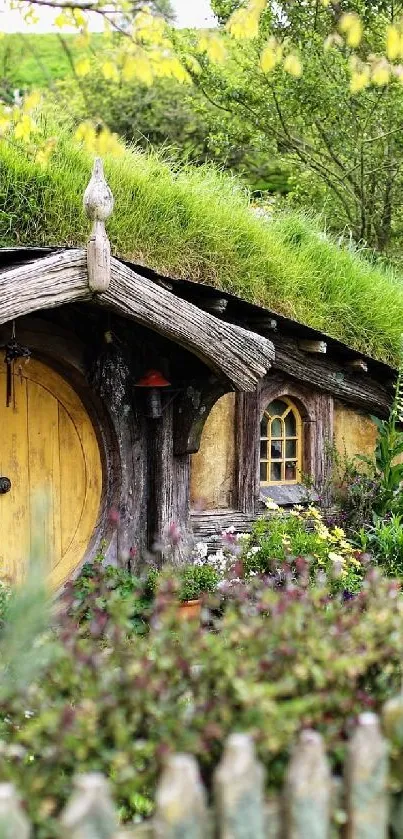 Lush green garden with hobbit-style cottage.