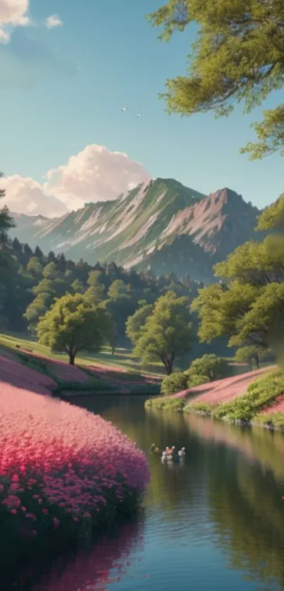 Idyllic mountain landscape with river and pink floral paths.