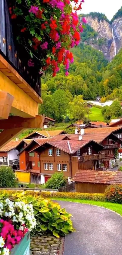 Idyllic village with wooden houses and lush green mountains.