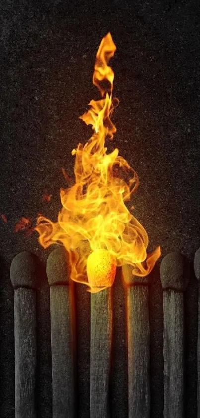 A matchstick ignites in bright flames against a dark background.