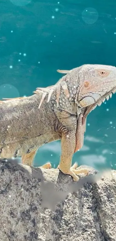 Iguana perched on a rock with a teal background.