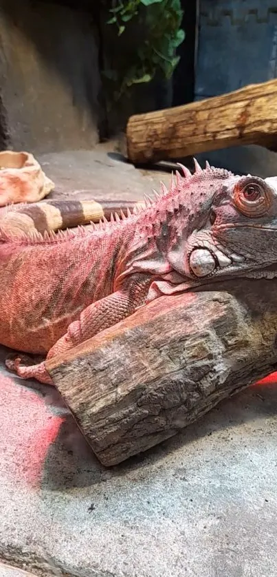 Iguana resting peacefully on a wooden log inside a natural habitat.