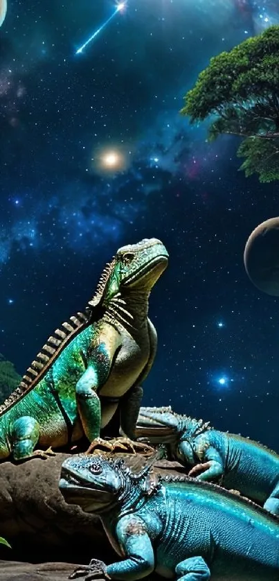 Iguanas resting under a starlit sky with planets.