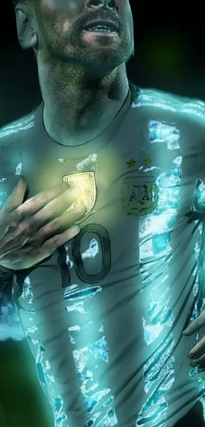 Illuminated athlete holding jersey in vibrant, glowing artwork.