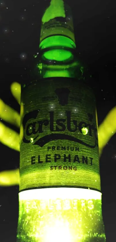 Illuminated beer bottle with glowing green and dark background.