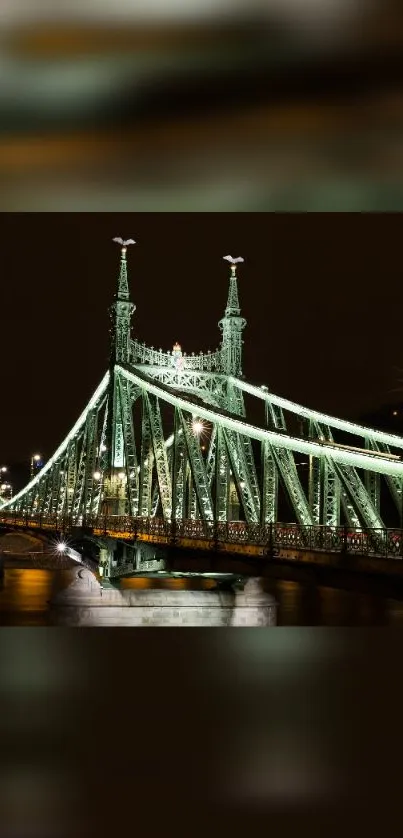 Illuminated bridge over calm river at night.