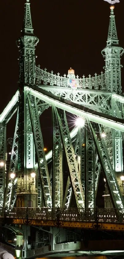 An illuminated bridge casting reflections at night.